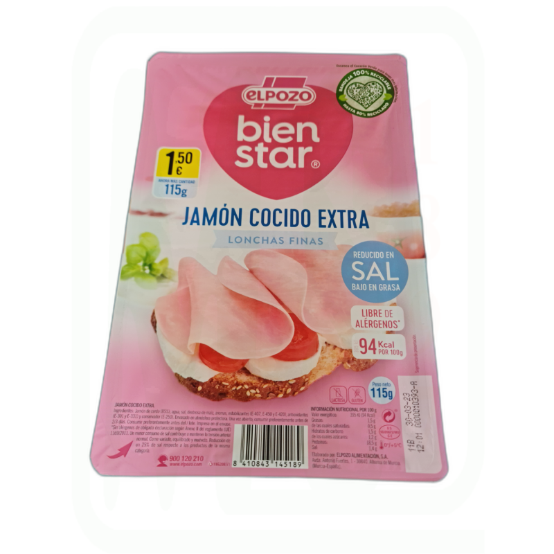 JAMON COCIDO LONCHAS FINAS BAJO EN SAL 115GR